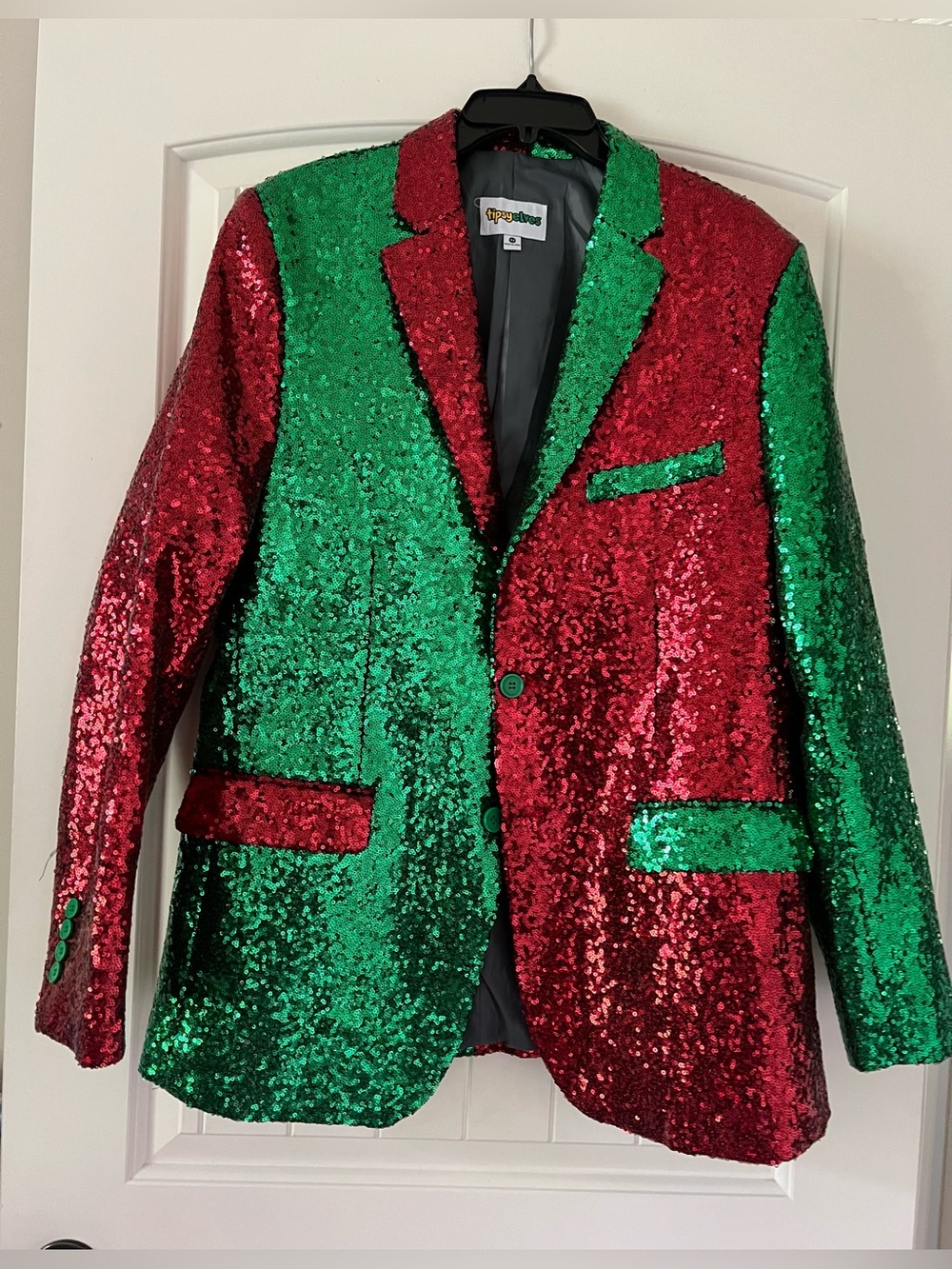Tipsy Elves Mens Red Green Sequin Blazer Shiny Holiday Jacket Size XL- 44